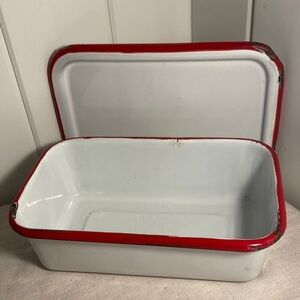 Vintage white red trim enamelware loaf pan and lid MCM refrigerator storage box